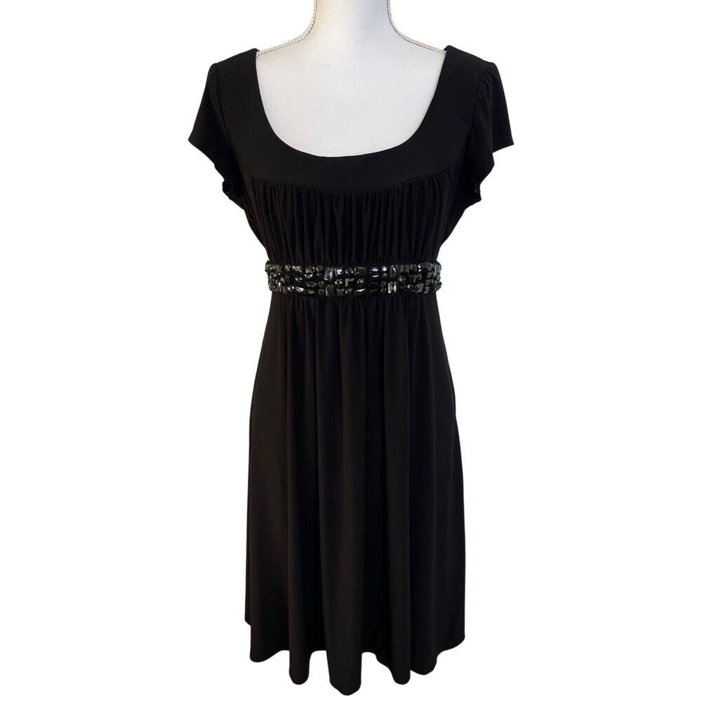 Bisou Bisou Dress Women Size 14 Black Y2K 90s Stretch Empire Waist Back Tie Gems